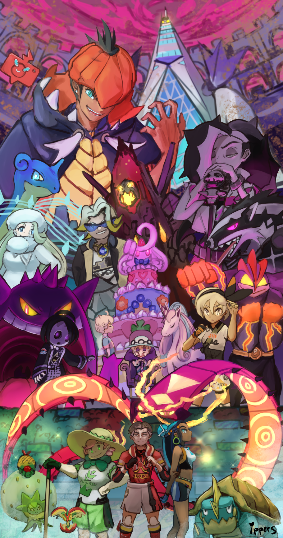 4girls 6+boys alcremie allister_(pokemon) appletun bad_id bad_pixiv_id bea_(pokemon) bede_(pokemon) centiskorch cloud coalossal dark-skinned_female dark-skinned_male dark_clouds dark_skin drednaw duraludon eldegoss flapple galarian_form galarian_rapidash gen_1_pokemon gen_4_pokemon gen_8_pokemon gengar giagantamax_duraludon gigantamax gigantamax_alcremie gigantamax_centiskorch gigantamax_coalossal gigantamax_duraludon gigantamax_gengar gigantamax_lapras gigantamax_machamp gordie_(pokemon) gym_leader gym_uniform hat highres ippers kabu_(pokemon) lapras machamp melony_(pokemon) milo_(pokemon) multiple_boys multiple_girls nessa_(pokemon) nintendo obstagoon opal_(pokemon) piers_(pokemon) pokemon pokemon_(creature) pokemon_swsh raihan_(pokemon) rapidash rotom rotom_phone shorts smile sunglasses