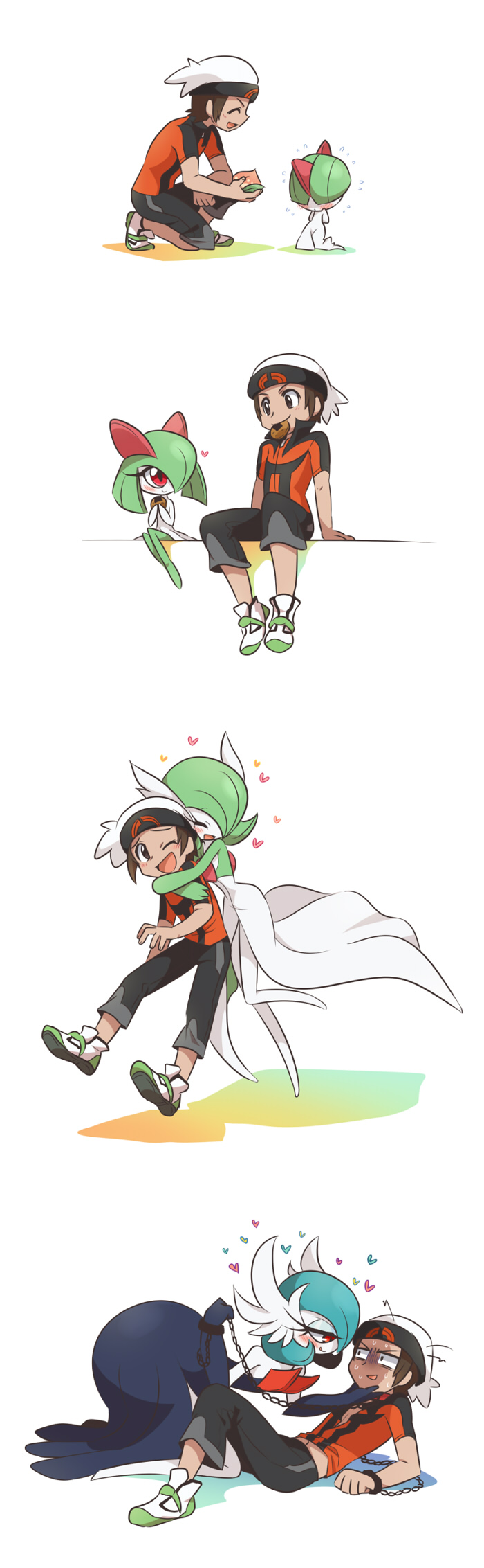 10s 1boy 1girl 4koma :d age_progression alternate_color bano_akira bdsm berry berry_(pokemon) blouse blush brendan_(pokemon) brendan_(pokemon_oras) brown_hair capri_pants chain comic cuffs dress eating eye_contact femdom flying_sweatdrops food fruit gardevoir gen_3_pokemon green_hair half-closed_eyes hand_on_another&#039;s_chin hat heart highres hug hug_from_behind kirlia looking_at_another lying mega_gardevoir mega_pokemon midriff_peek nintendo no_feet one_eye_closed open_mouth orange_shirt pants pokemon pokemon_(creature) pokemon_oras popped_collar ralts scared senbei shaded_face shiny_pokemon shirt short_hair silent_comic simple_background smile sweat sweatdrop turn_pale white_background you_gonna_get_raped