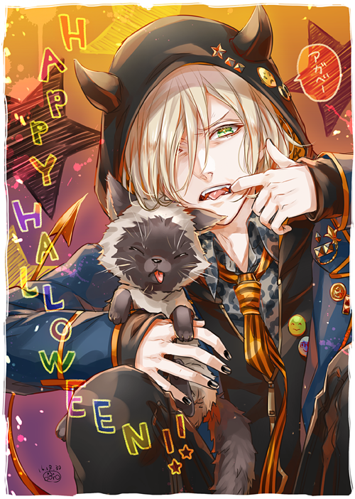 1boy animal blonde_hair cat commentary_request doro_(sabarudoro) gradient_background green_eyes hair_over_one_eye halloween happy_halloween hood horned_hood horns jacket looking_at_viewer male_focus mouth_pull orange_background short_hair sitting solo speech_bubble tongue tongue_out translation_request upper_body yuri!!!_on_ice yuri_plisetsky