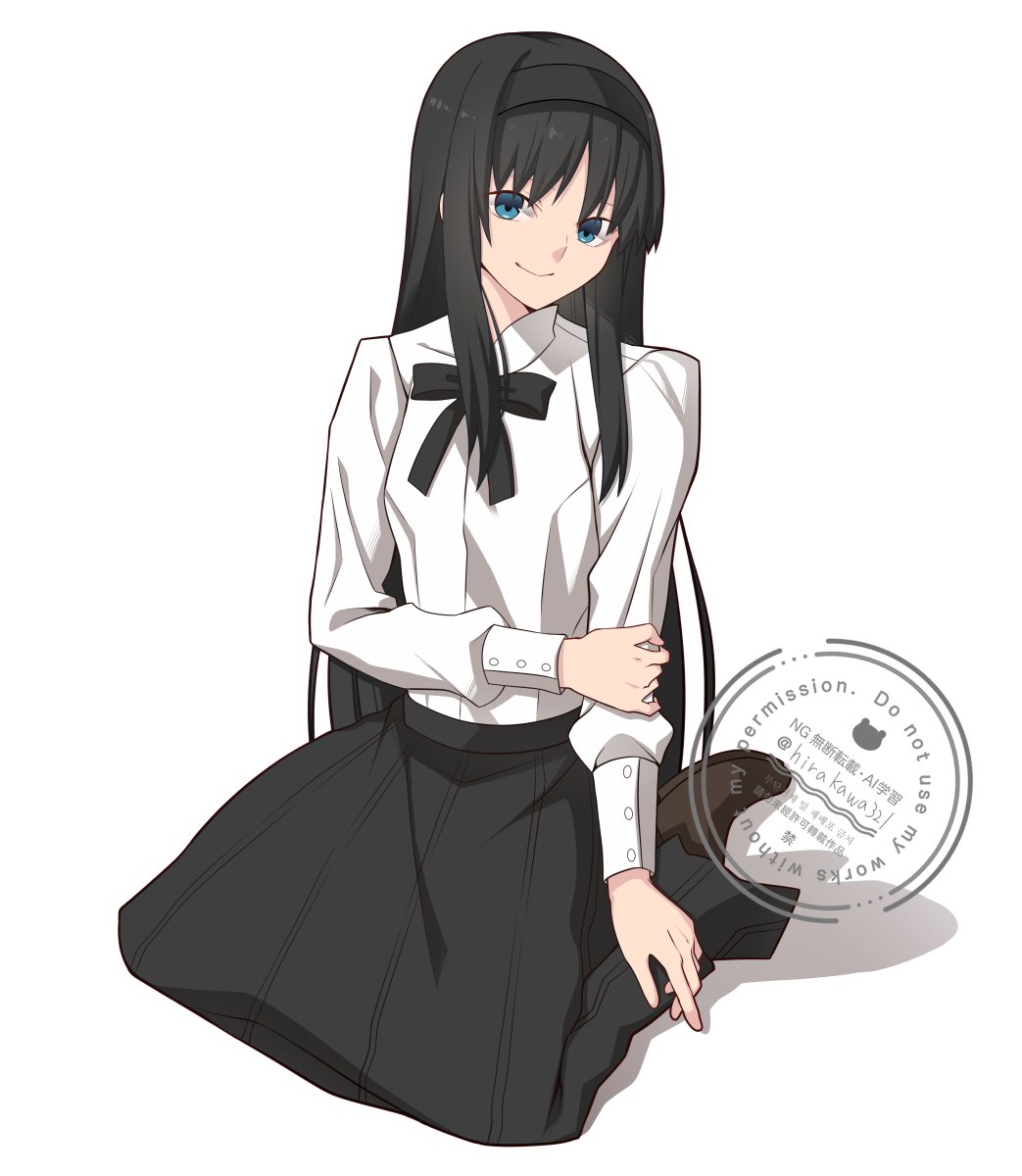 1girl black_hair black_skirt blue_eyes full_body highres hirakawa kneeling long_skirt looking_at_viewer shirt simple_background skirt smile solo tohno_akiha tsukihime white_background white_shirt