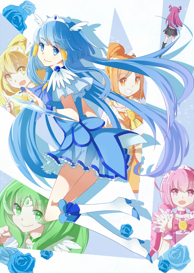 00s 10s 6+girls aoki_reika back bike_shorts blonde_hair blouse blue_eyes blue_flower blue_hair blue_rose blue_skirt boots buts_(11067) choker cure_beauty cure_happy cure_march cure_peace cure_sunny dark_cure_(yes!_precure_5) dark_dream flower green_hair hair_tubes head_wings hino_akane_(smile_precure!) hoshizora_miyuki kise_yayoi long_hair magical_girl midorikawa_nao midriff mirror multiple_girls nishimura_chinami open_mouth orange_eyes orange_hair orange_skirt pink_eyes pink_hair ponytail precure red_hair rose shirt shorts shorts_under_skirt skirt smile smile_precure! tiara twintails v voice_actor_connection wings wrist_cuffs yellow_eyes yes!_precure_5