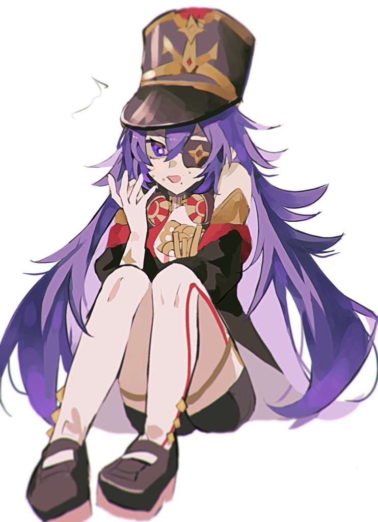 1girl anemonelove black_hat boots chevreuse_(genshin_impact) commentary_request detached_sleeves earmuffs earmuffs_around_neck eyepatch food french_fries genshin_impact gloves hand_up hat knees_up long_hair looking_at_viewer open_mouth puffy_sleeves purple_eyes purple_hair shako_cap simple_background sitting solo thigh_boots very_long_hair white_background white_boots white_gloves