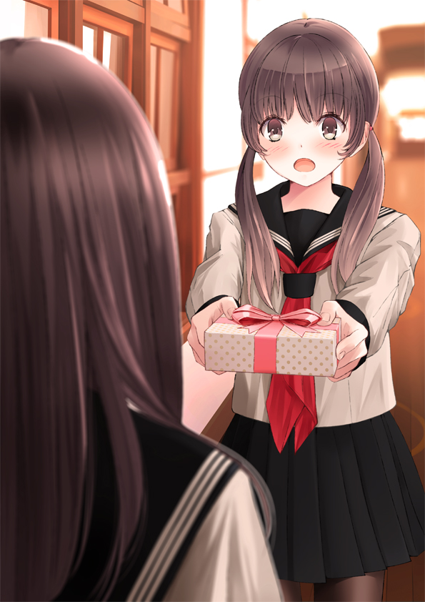 2girls :o back bad_id bad_pixiv_id black_legwear black_skirt blouse blurry blush bow box brown_eyes brown_hair chikuwa_(glossymmmk) chikuwa_(odennabe) commentary_request depth_of_field eyebrows gift gift_box hair_tie hallway holding holding_gift long_hair long_sleeves looking_at_another miniskirt multiple_girls original outstretched_arms pantyhose pink_bow pink_ribbon pleated_skirt polka_dot ribbon school_uniform serafuku shirt skirt twintails valentine white_shirt window wooden_floor yuri