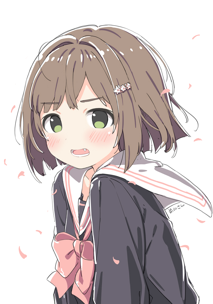 1girl blue_cardigan bow bowtie brown_hair cardigan falling_petals fang flower green_eyes hair_flower hair_ornament idolmaster idolmaster_cinderella_girls kuresuku_(lessons) long_sleeves looking_at_viewer maekawa_miku open_mouth petals pink_bow pink_bowtie pink_petals sailor_collar short_hair solo upper_body white_background white_sailor_collar