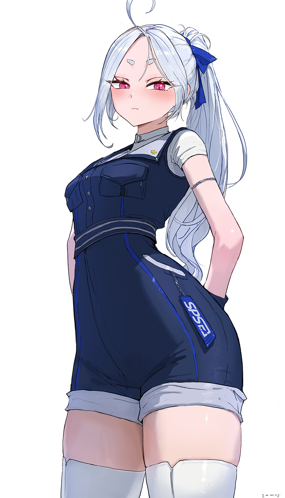1girl ahoge blue_jumpsuit blue_ribbon closed_mouth collared_shirt high_ponytail highres jumpsuit long_hair looking_at_viewer ohaaang overalls pink_eyes ponytail ribbon shirt short_jumpsuit sirian_rain standing thick_thighs thighhighs thighs very_long_hair virtual_youtuber waktaverse white_background white_hair white_shirt white_thighhighs