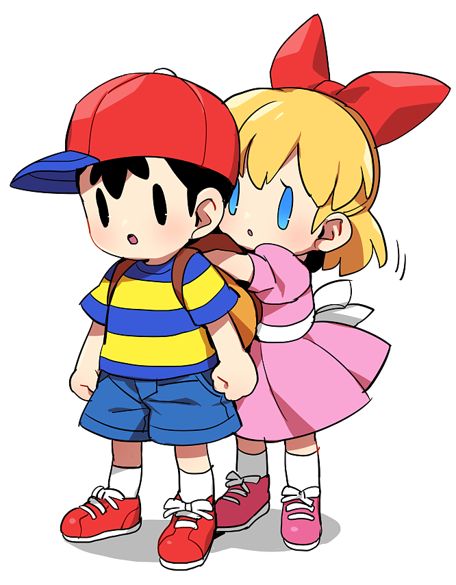 1boy 1girl bag baseball_bat black_hair blonde_hair blue_eyes blush bow dress hair_bow hat long_hair mother_(series) mother_2 nekobayashi_(nekoforest) ness_(mother_2) nintendo paula_(mother_2) ribbon shirt short_hair simple_background smile striped_clothes striped_shirt suno_(imydream) white_background