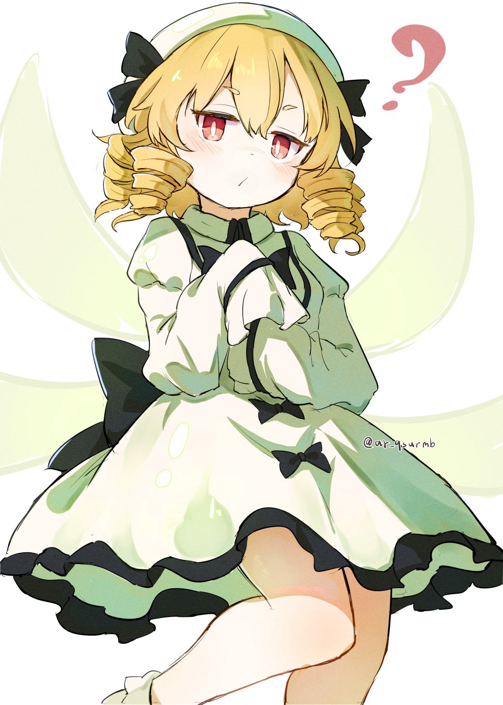1girl ? ar_(maeus) blonde_hair blush cowboy_shot dress drill_hair fairy_wings hat highres luna_child red_eyes short_hair signature simple_background solo standing touhou white_background white_dress wings