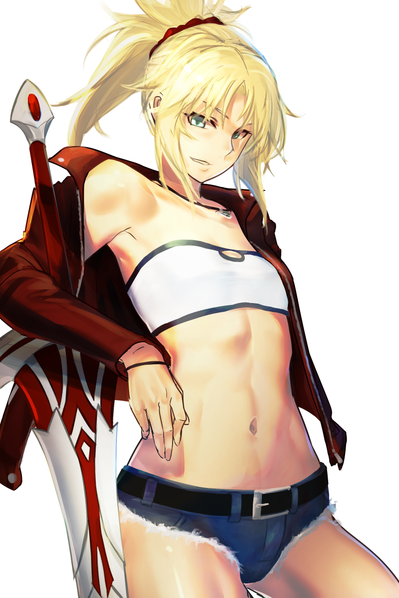 1girl aqua_eyes bandeau bare_shoulders belt blonde_hair clarent_(fate) cowboy_shot cutoffs denim denim_shorts fate/apocrypha fate/grand_order fate_(series) female_focus flat_chest hair_ornament hair_scrunchie highres i-pan jacket jewelry long_sleeves looking_at_viewer micro_shorts midriff mordred_(fate) mordred_(fate/apocrypha) mordred_(memories_at_trifas)_(fate) navel necklace off_shoulder open_clothes open_jacket ponytail red_jacket red_scrunchie scrunchie short_hair shorts sidelocks smile solo stomach strapless sword thighs tube_top weapon white_background