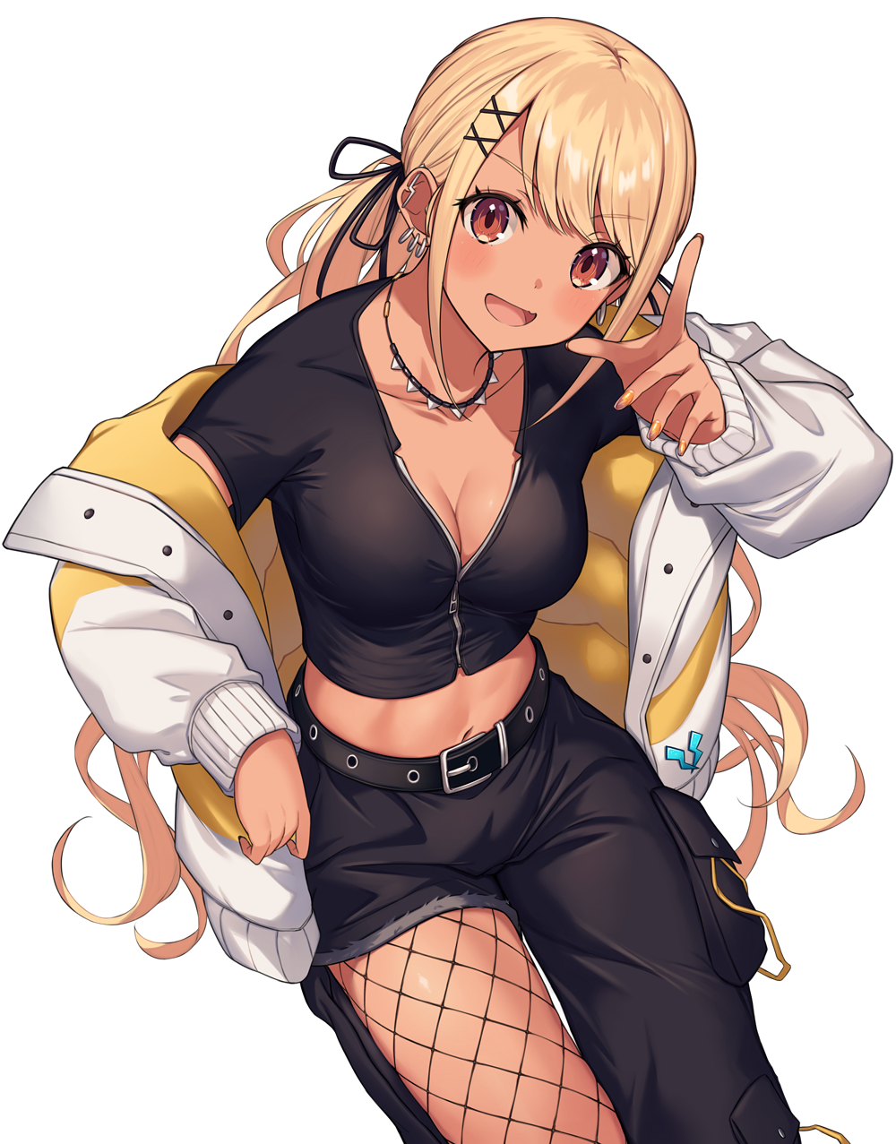 1girl asymmetrical_clothes asymmetrical_legwear belt blonde_hair blush breasts brown_eyes cleavage dark-skinned_female dark_skin ear_piercing earrings fishnet_pantyhose fishnets hair_ornament highres jacket jewelry kaminari_qpi kaminari_qpi_(2nd_costume) kurebayashi_noe lightning_bolt_earrings lightning_bolt_symbol long_hair looking_at_viewer medium_breasts midriff mismatched_legwear navel necklace off_shoulder open_clothes open_jacket open_mouth pantyhose piercing single_pantsleg solo swept_bangs virtual_youtuber vspo! x_hair_ornament