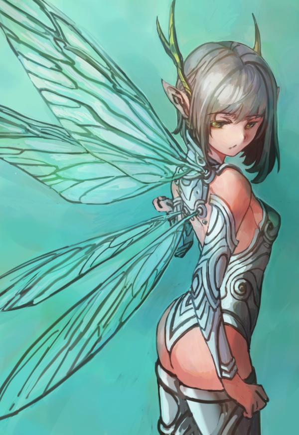 1girl :/ antlers ass asymmetrical_hair bare_shoulders closed_mouth cowboy_shot detached_sleeves fairy green_eyes horns insect_wings leotard long_sleeves medium_hair multicolored_background original pointy_ears silver_hair solo thighhighs vaison white_leotard white_sleeves white_thighhighs wings
