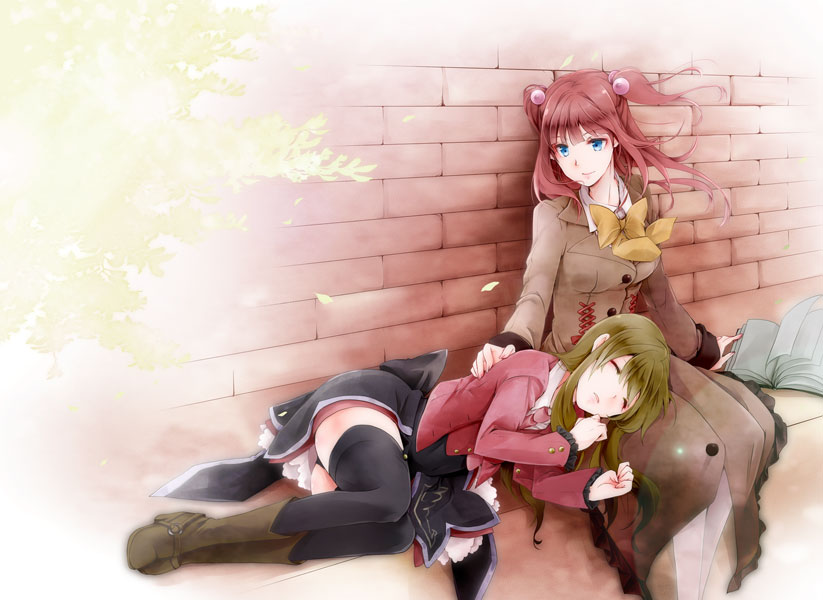 2girls akatsuki_hijiri alliance_of_the_golden_witch black_legwear blue_eyes book boots bow brick_wall brown_hair closed_eyes hair_bobbles hair_ornament lap_pillow leotard lying mammon_(umineko) multiple_girls necktie on_side open_book pantyhose red_hair school_uniform sitting sleeping smile stakes_of_purgatory thighhighs two_side_up umineko_no_naku_koro_ni ushiromiya_ange white_legwear