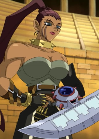 1girl amazon bare_shoulders black_gloves blue_eyes bracelet breasts cleavage collar dark-skinned_female dark_skin female_focus fingerless_gloves gloves jewelry large_breasts long_hair lowres muscular muscular_female ponytail red_hair red_lips scar scar_across_eye scar_on_face screencap solo spiked_bracelet spiked_collar spikes standing strapless tania_(yu-gi-oh!) yu-gi-oh! yu-gi-oh!_gx