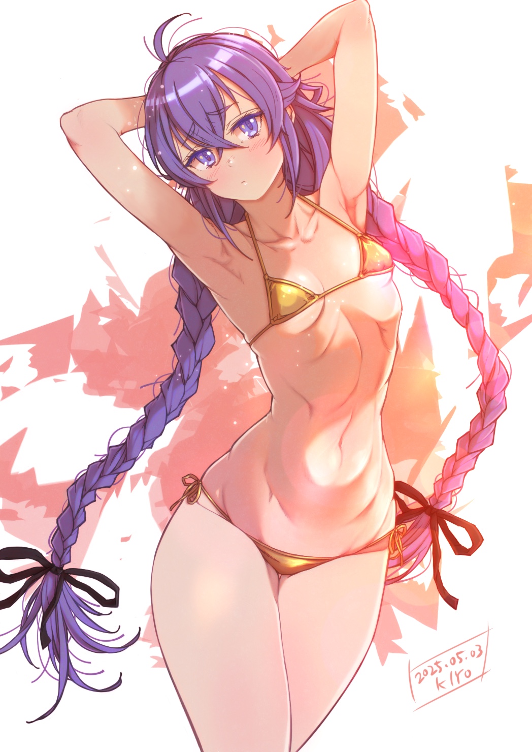 1girl aged_up ahoge alternate_costume armpits arms_behind_head arms_up bikini blue_eyes blue_hair blush braid breasts closed_mouth collarbone commentary_request crossed_bangs dated gold_bikini hair_between_eyes highres kiyo_(a_sam_ko) long_braid long_hair looking_at_viewer mushoku_tensei navel presenting_armpit roxy_migurdia side-tie_bikini_bottom signature small_breasts solo string_bikini swimsuit twin_braids very_long_hair wide_hips