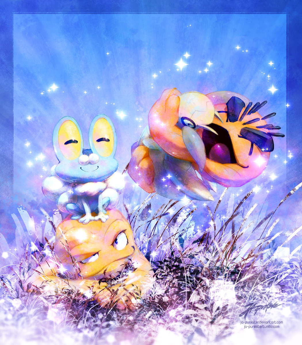 :d ^_^ alolan_form alolan_geodude alternate_color closed_eyes commentary creature english_commentary froakie full_body gen_1_pokemon gen_3_pokemon gen_6_pokemon gen_7_pokemon geodude grass happy highres holding holding_pokemon ja-punkster nincada nintendo no_humans on_head open_mouth pokemon pokemon_(creature) pokemon_on_head shiny_pokemon smile watermark web_address