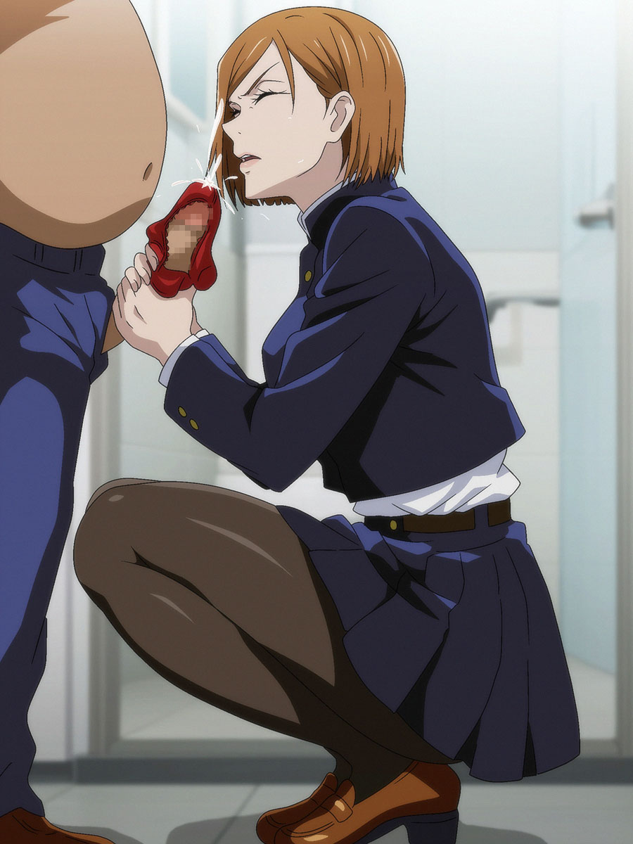 1girl censored cum ejaculation fat fat_man highres jujutsu_kaisen kugisaki_nobara mosaic_censoring panties panties_on_penis red_panties salmon_knight underwear