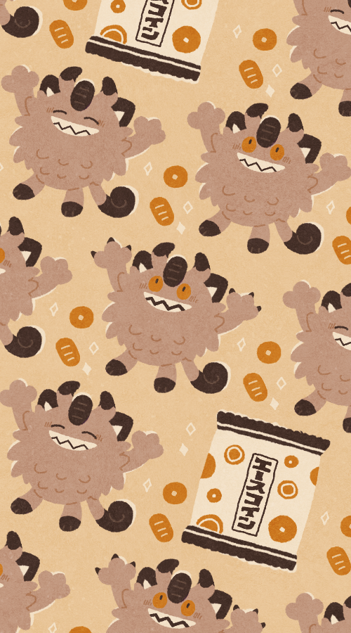 animal_focus arms_up blush brown_background coin food_wrapper galarian_form galarian_meowth gen_8_pokemon grin nintendo no_humans orange_eyes pokemon pokemon_(creature) satsumapotato sharp_teeth smile sparkle teeth translation_request