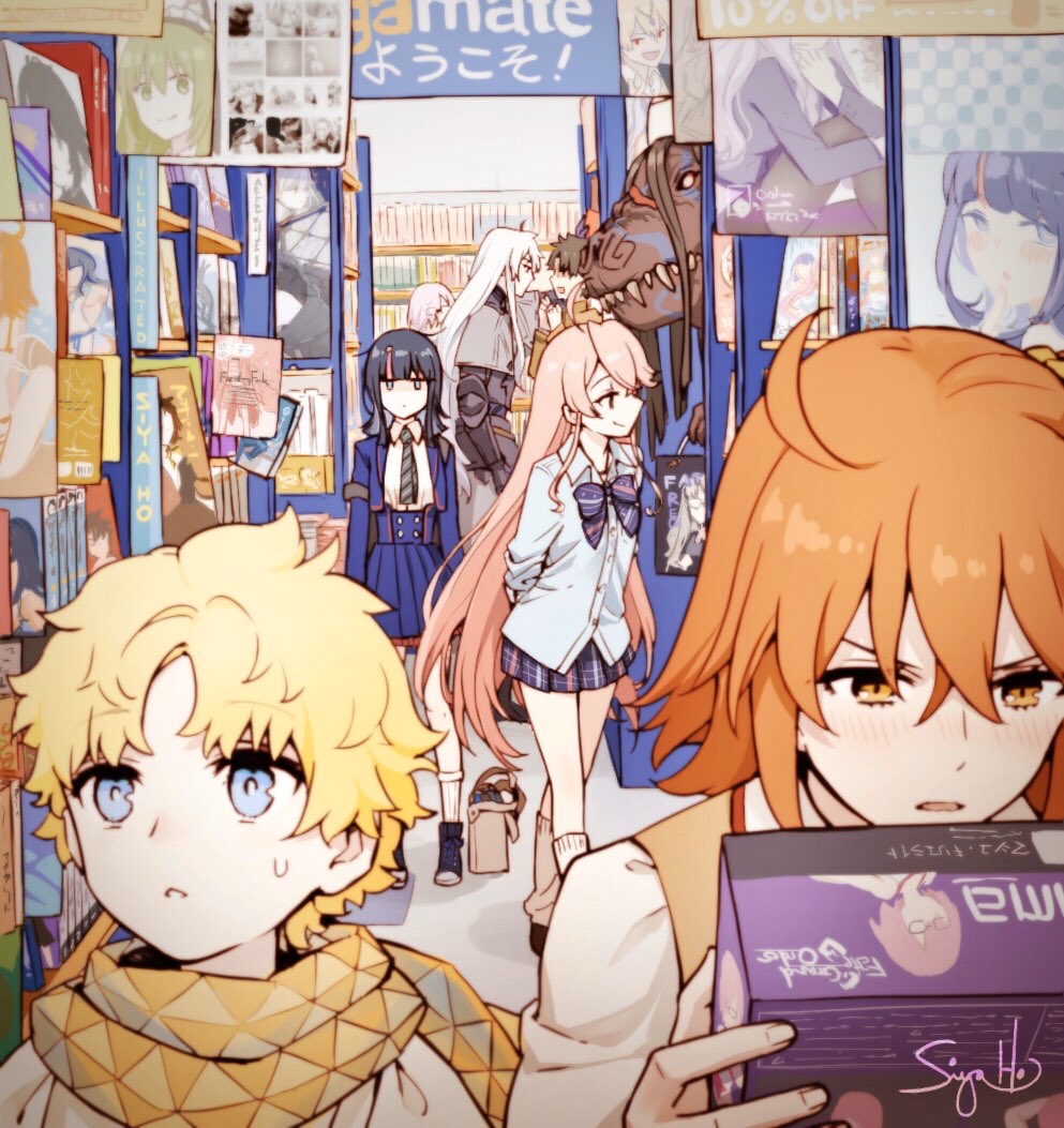 3boys 4girls ahoge animate_(company) bag black_hair blonde_hair blouse blue_eyes blue_jacket blue_skirt bow box collared_shirt dinosaur dress_shirt fangs fate/grand_order fate/requiem fate_(series) figma fujimaru_ritsuka_(female) fujimaru_ritsuka_(male) galahad_(fate) galahad_alter glasses homurabara_academy_school_uniform jacket kabedon karin_(fate) kijo_kouyou_(fate) kijo_kouyou_(first_ascension)_(fate) long_hair long_sleeves magazine_(object) mash_kyrielight multicolored_hair multiple_boys multiple_girls necktie open_clothes open_jacket orange_eyes orange_hair parted_bangs pink_hair purple_hair scarf school_uniform shirt shop shopping_bag sidelocks sign signature siya_ho skirt smile streaked_hair tyrannosaurus_rex utsumi_erice utsumi_erice_(mission_start) voyager_(fate) white_hair white_shirt yellow_scarf
