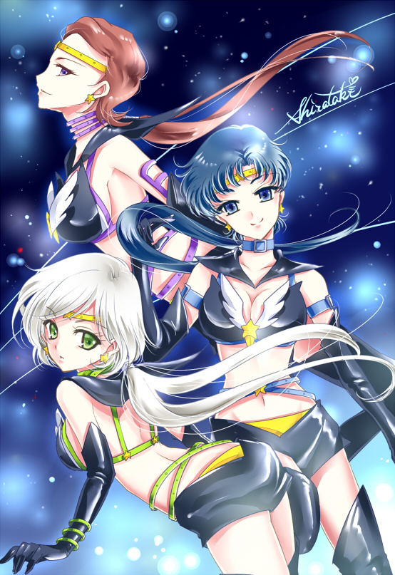 1990s_(style) 3girls armband ass belt bikini bikini_top_only bishoujo_senshi_sailor_moon bishoujo_senshi_sailor_moon_sailor_stars bishoujo_senshi_sailor_moon_stars black_gloves blue_eyes blue_hair breasts brown_hair choker circlet cleavage earrings elbow_gloves flat_ass gloves green_eyes hair_tubes jewelry medium_breasts miniskirt multiple_girls navel ponytail purple_eyes retro_artstyle sailor_star_fighter sailor_star_healer sailor_star_maker seiya_kou shirataki_kaiseki silver_hair skirt smile star_(symbol) star_earrings swimsuit taiki_kou yaten_kou