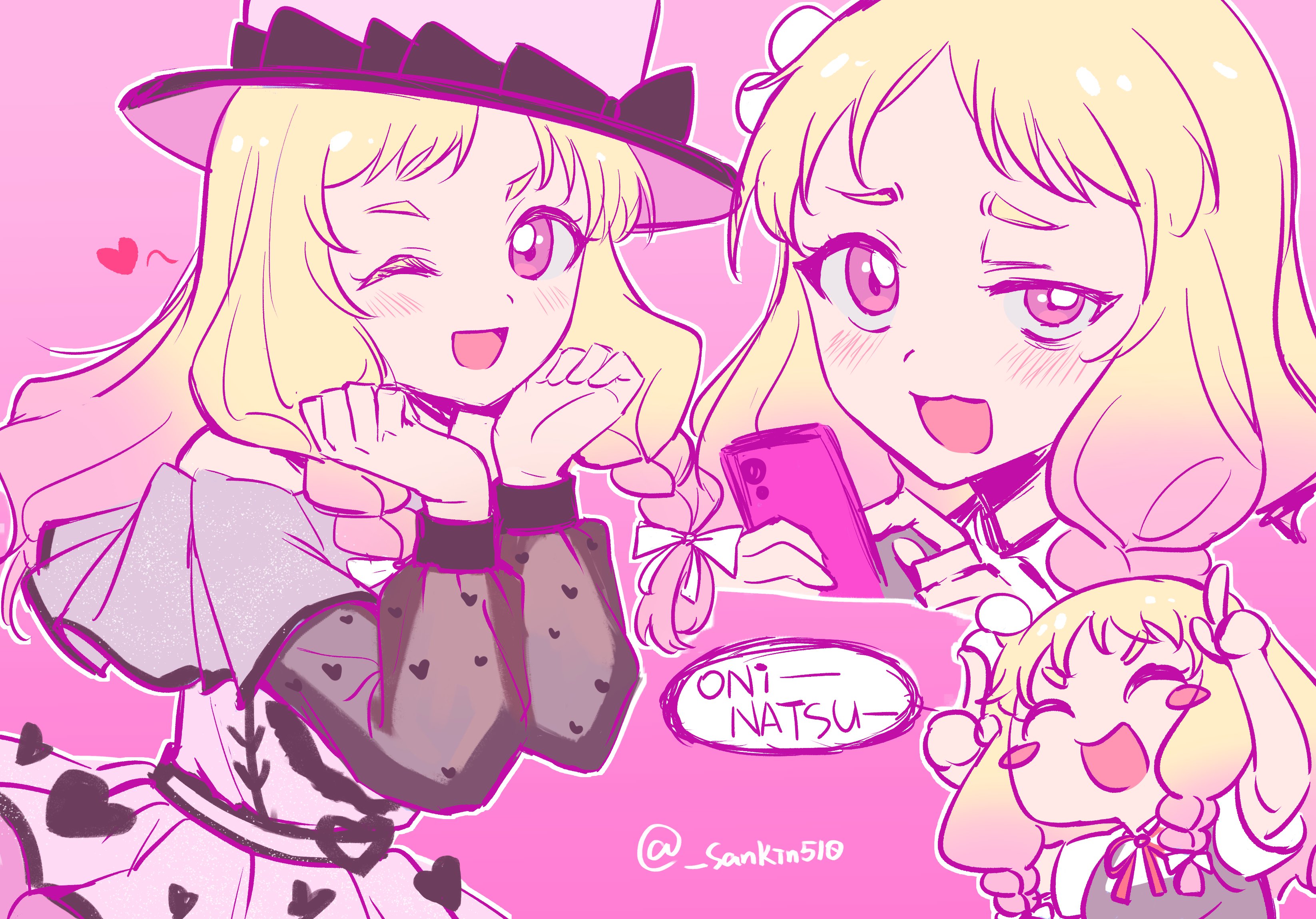 1girl :3 ;d ^_^ absurdres asymmetrical_legwear bare_shoulders blonde_hair blush braid cellphone closed_eyes collared_shirt commentary costume_request dress dress_shirt gradient_hair grey_dress half-closed_eye hashtag-only_commentary hat highres holding holding_phone horns_pose looking_at_viewer love_live! love_live!_superstar!! low_twin_braids multicolored_hair multiple_views neck_ribbon one_eye_closed onitsuka_natsumi open_mouth phone pinafore_dress pink_background pink_hair pink_hat red_ribbon ribbon sankin_(_sankin510) school_uniform shirt short_eyebrows short_sleeves sleeveless sleeveless_dress smartphone smile summer_uniform twin_braids twitter_username uneven_legwear v-shaped_eyebrows white_shirt yuigaoka_school_uniform