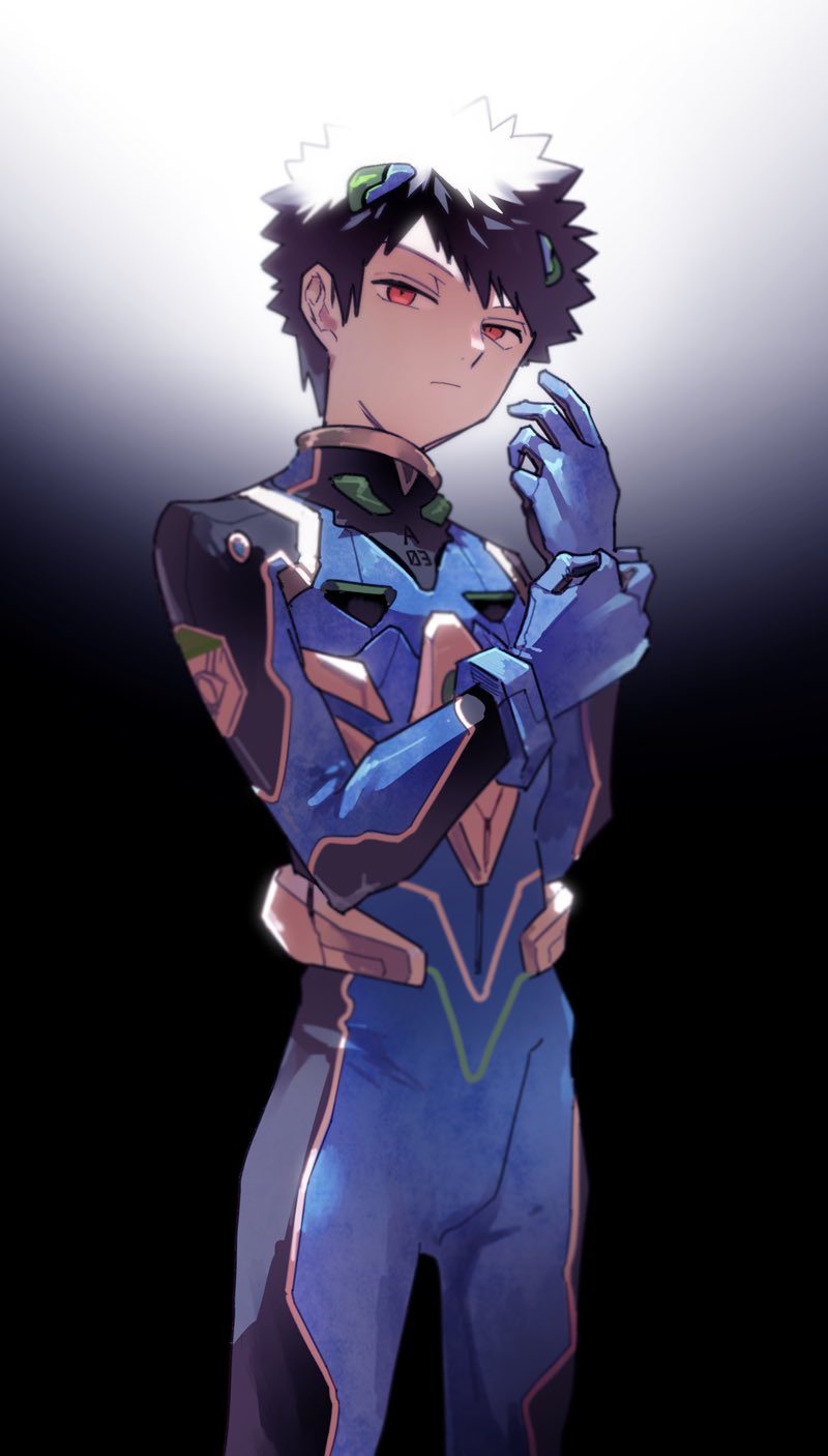1boy adjusting_clothes black_background black_hair blue_bodysuit bodysuit closed_mouth clothes_writing cosplay cowboy_shot frown hands_up highres interface_headset_(evangelion) kazama_souya kzmsnmjkk looking_at_viewer male_focus mecha_pilot_suit neon_genesis_evangelion plugsuit_(evangelion) red_eyes short_hair solo suzuhara_touji suzuhara_touji_(cosplay) world_trigger