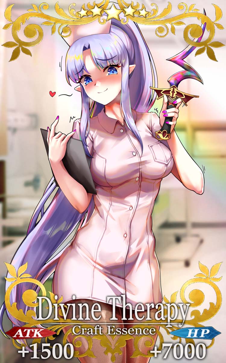1girl alternate_costume blue_eyes blurry blurry_background blush breasts card_(medium) clipboard commentary_request craft_essence_(fate) dress fate/grand_order fate_(series) female_focus foxyreine hat heart highres holding holding_clipboard holding_knife hospital knife long_hair looking_at_viewer medea_(fate) medea_lily_(fate) medium_breasts nail_polish nurse nurse_cap pantyhose parody pink_dress pointy_ears ponytail purple_hair purple_nails rulebreaker short_dress smile solo very_long_hair