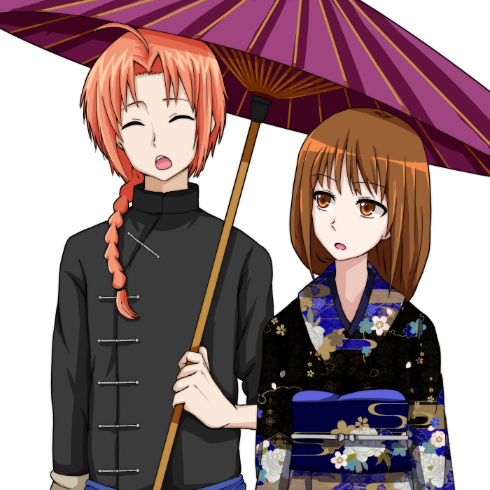1boy 1girl blonde_hair china_dress chinese_clothes dawang_juzuchong dress gintama holding holding_umbrella japanese_clothes kamui_(gintama) long_hair mutsu_(gintama) pink_hair simple_background umbrella
