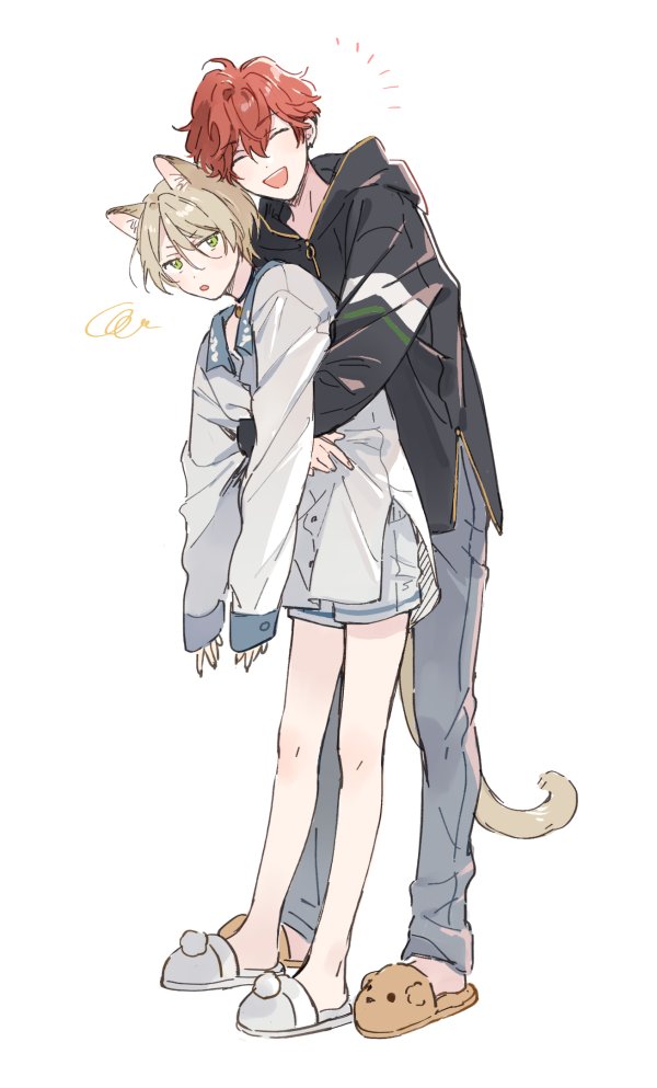 2boys amagi_hiiro animal_ears bear_slippers blonde_hair buttons cat_boy cat_ears cat_tail choker closed_eyes collared_shirt commentary ensemble_stars! full_body green_eyes hood hood_down hug hug_from_behind jacket long_sleeves male_focus multiple_boys open_mouth red_hair seuga shiratori_aira_(ensemble_stars!) shirt short_hair shorts simple_background slippers standing tail teeth upper_teeth_only white_background yaoi zipper