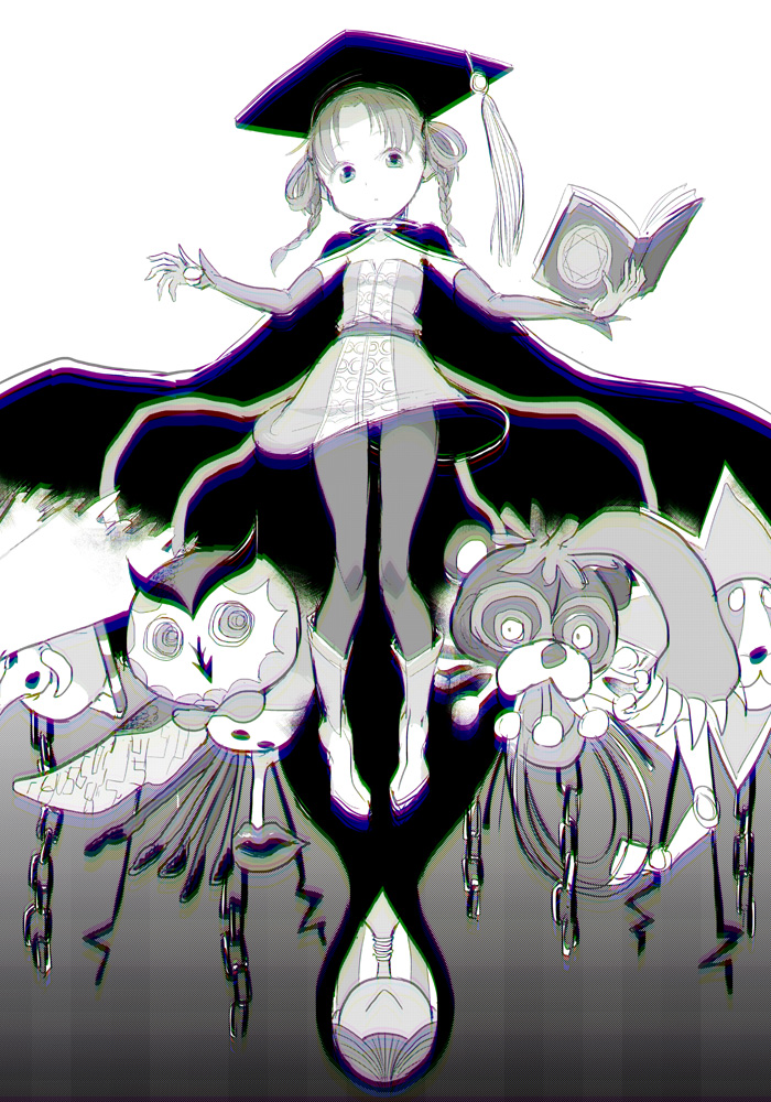 1girl book boots braid cape chromatic_aberration dress floating full_body greyscale hat heavy_chromatic_aberration heitai_guma_no_uwasa hiiragi_nemu holding holding_book ken_(koala) long_hair long_sleeves magia_record:_mahou_shoujo_madoka_magica_gaiden magical_girl mahou_shoujo_madoka_magica misery_owl_no_uwasa monochrome mortarboard open_book pantyhose solo twin_braids uwasa-san_(madoka_magica) uwasa_(madoka_magica)