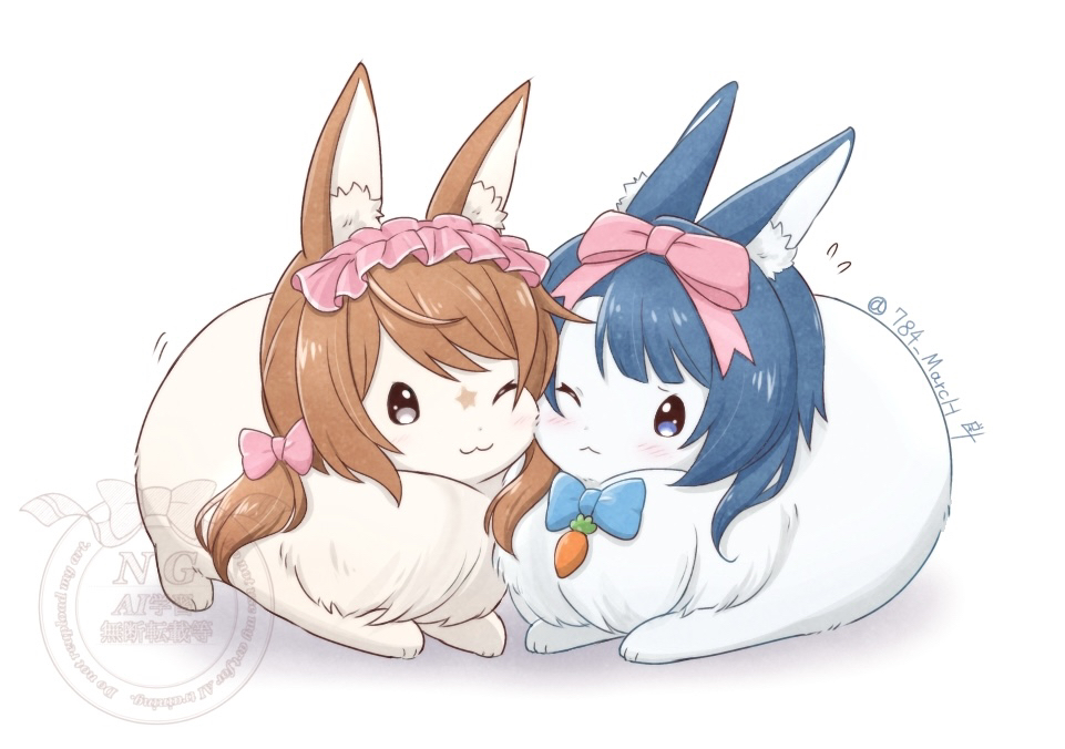 :&lt; ;3 aizawa_kazuha animal animalization assault_lily blue_bow blue_bowtie blue_eyes blue_hair blush bow bowtie brown_hair cheek-to-cheek closed_mouth commentary_request facial_mark flying_sweatdrops frilled_hairband frills grey_eyes hair_bow hairband heads_together iijima_renka inoguchi_minto long_hair looking_at_another low_ponytail medium_hair no_humans one_eye_closed pink_bow pink_hairband ponytail rabbit side_ponytail smile star_(symbol) star_facial_mark twitter_username watermark