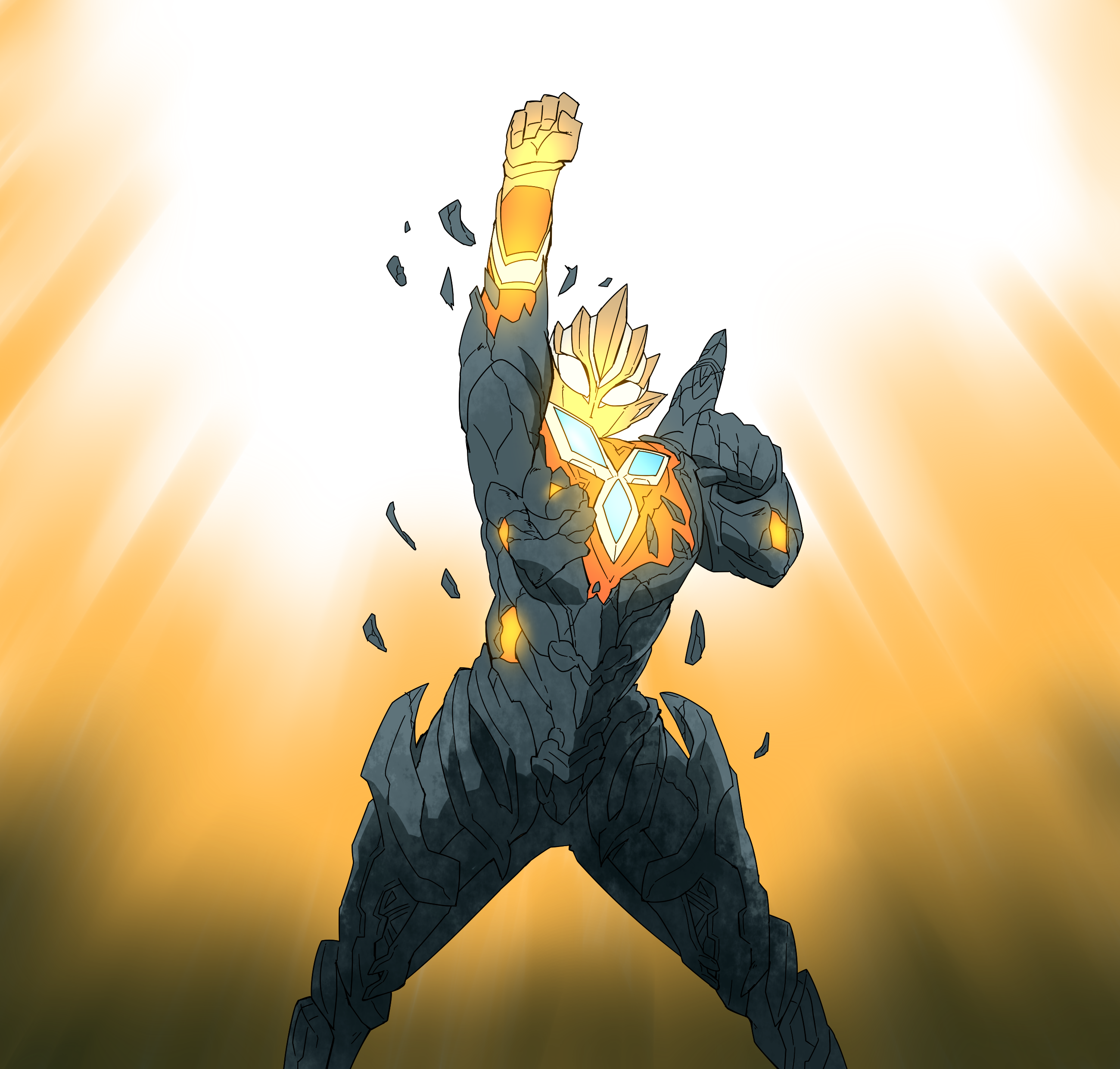 1boy absurdres alien arm_up color_timer commentary_request crack glowing highres looking_at_viewer naitsupic no_humans solo standing sunlight tokusatsu transformation trigger_dark ultra_series ultraman_trigger ultraman_trigger_(glitter_trigger_eternity) ultraman_trigger_(series) yellow_eyes