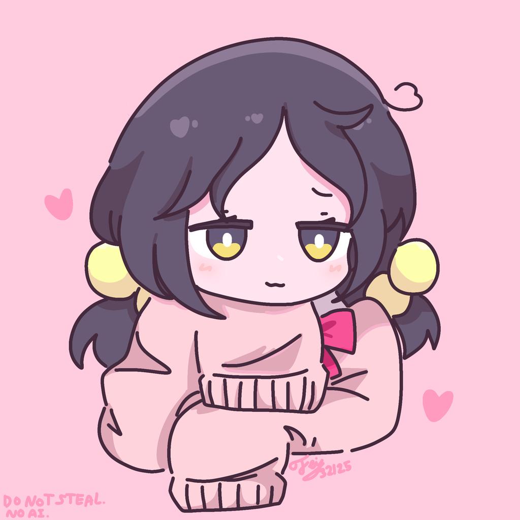 1girl :3 ahoge beads black_hair bow chibi chibi_only faydee furrowed_brow hair_beads hair_ornament hand_on_own_arm head_on_hand heart heart_ahoge kaai_yuki light_blush light_smile long_sleeves looking_at_viewer medium_hair pink_background pink_bow pink_sleeves short_twintails sidelocks signature simple_background smug solo twintails vocaloid yellow_eyes