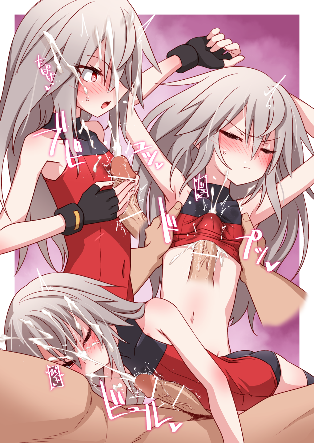 1boy 1girl arms_up bar_censor bare_shoulders black_gloves blush border censored clothed_female_nude_male commentary_request cum cum_in_clothes cum_on_body cum_on_chest cum_on_hair cum_through_clothes disembodied_penis ejaculation elena_trafalgar facial fingerless_gloves flat_chest frown gloves grey_hair heart hetero highres ikune_juugo long_hair multiple_views naizuri nude original paid_reward_available paizuri paizuri_over_clothes paizuri_under_clothes penis pink_background red_eyes sound_effects sweatdrop teeth v-shaped_eyebrows variant_set