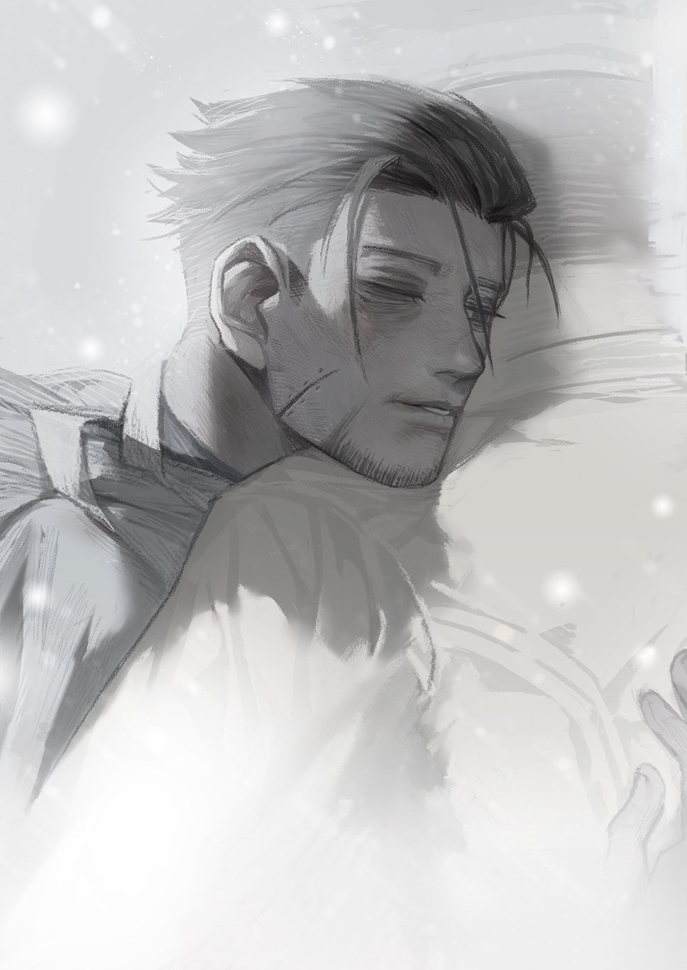 2boys black_hair closed_mouth facial_hair facial_scar ghost goatee golden_kamuy hair_slicked_back hair_strand hanazawa_yusaku head_on_another&#039;s_shoulder highres hug male_focus midomido multiple_boys ogata_hyakunosuke scar scar_on_cheek scar_on_face short_hair sideburns snowing stubble undercut upper_body white_theme