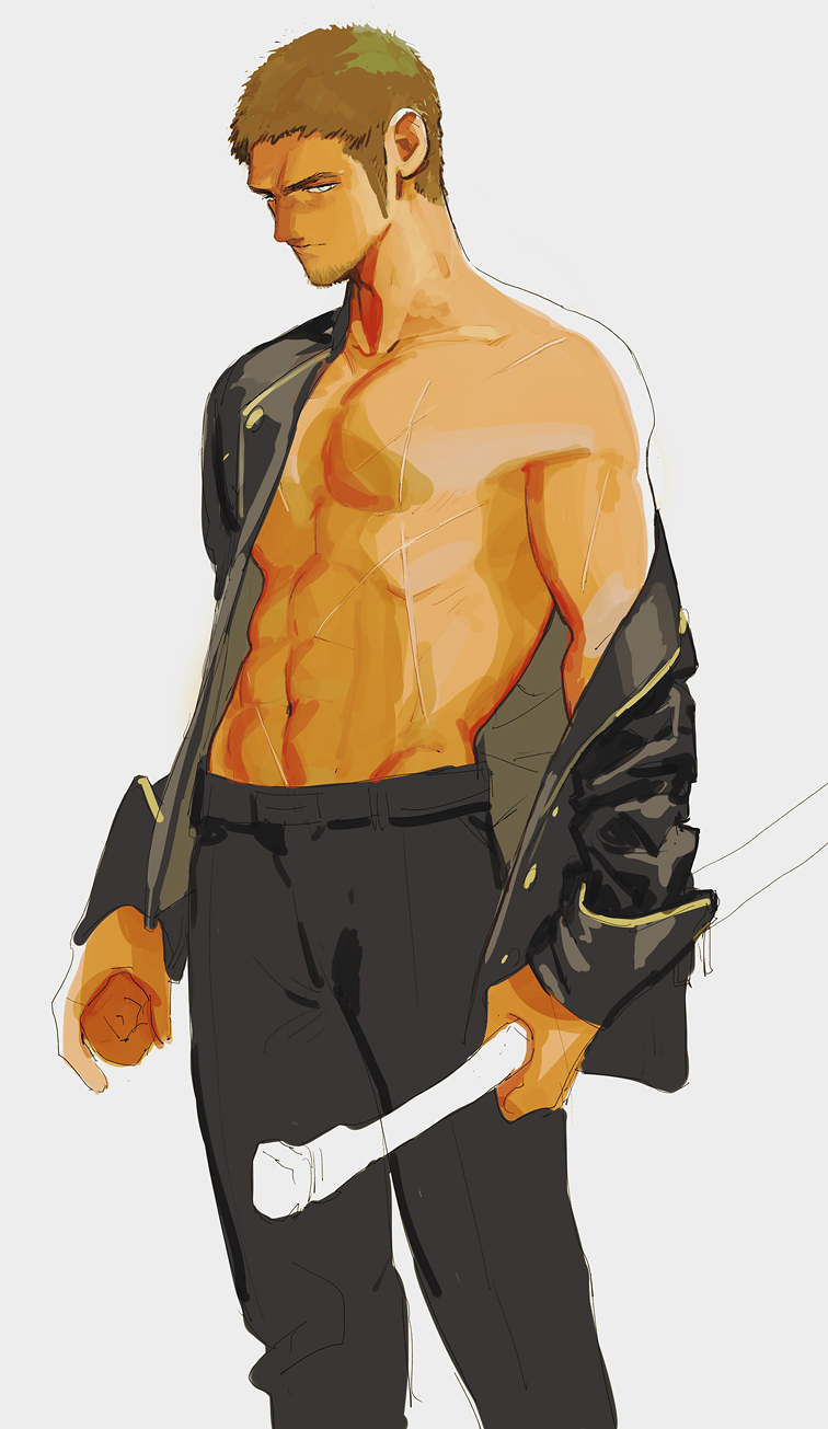 1boy abs bara bare_pectorals black_pants bright_pupils brown_hair cor_leonis facial_hair feet_out_of_frame final_fantasy final_fantasy_xv frown goatee highres in_higashiyama jacket long_sideburns looking_at_viewer male_focus mature_male muscular muscular_male navel nipples off_shoulder open_clothes open_jacket pants pectorals sideburns solo stomach stubble unfinished white_background