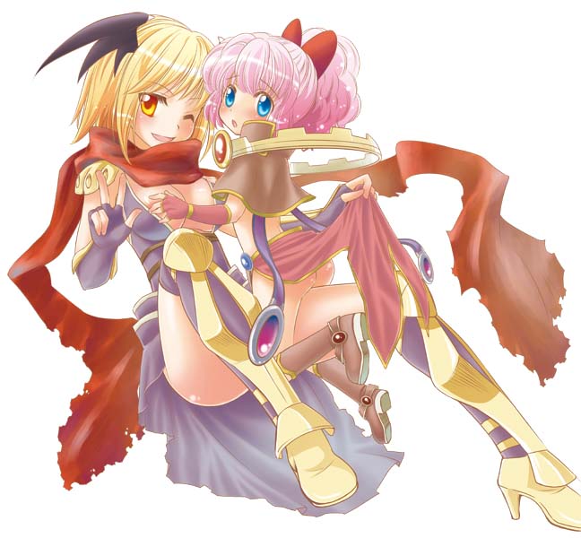 2girls armor armored_boots ass assassin_cross_(ragnarok_online) black_wings blonde_hair blue_eyes blush boots bow breasts brown_capelet capelet cleavage commentary_request elbow_gloves fingerless_gloves full_body gloves hair_bow head_wings large_breasts leotard long_hair looking_at_viewer multiple_girls no_panties one_eye_closed open_mouth pauldrons pink_hair pink_skirt purple_gloves purple_leotard purple_thighhighs ragnarok_online red_bow red_scarf sage_(ragnarok_online) scarf short_hair shoulder_armor simple_background skirt smile tachibana_sakuya_(matsurika) thighhighs w white_background wings yellow_eyes yuri