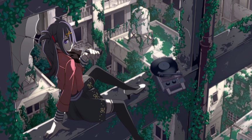 1girl ama_no_jaku_(vocaloid) ame-chan_(needy_girl_overdose) black_hair black_skirt black_thighhighs building derivative_work evandragon hair_ornament hair_over_one_eye hair_tie hairclip high_heels holding holding_umbrella jacket long_hair needy_girl_overdose overgrown parody phonograph purple_eyes record red_jacket scenery sitting skirt solo thighhighs twintails umbrella vocaloid white_footwear x_hair_ornament zettai_ryouiki