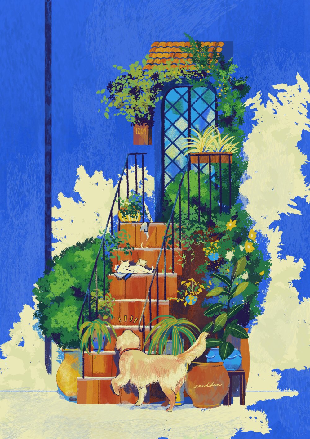 animal animal_focus cat day dog door eniddin flower foliage glass_door golden_retriever hanging_plant highres house lying no_humans original outdoors plant potted_plant railing scenery signature stairs table