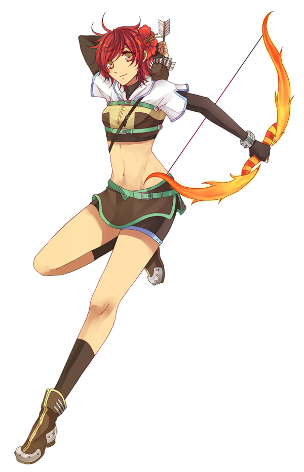 1girl arrow_(projectile) boots bow_(weapon) breasts brown_boots brown_gloves brown_shirt brown_shorts brown_skirt brown_socks closed_mouth commentary crop_top cropped_jacket elbow_gloves english_commentary fingerless_gloves flower full_body gloves hair_flower hair_ornament holding holding_bow_(weapon) holding_weapon hunter_(ragnarok_online) jacket looking_at_viewer midriff miniskirt navel quiver ragnarok_online red_flower red_hair rinslette shirt short_hair short_shorts short_sleeves shorts shorts_under_skirt simple_background skirt small_breasts smile socks solo textless_version weapon white_background white_jacket