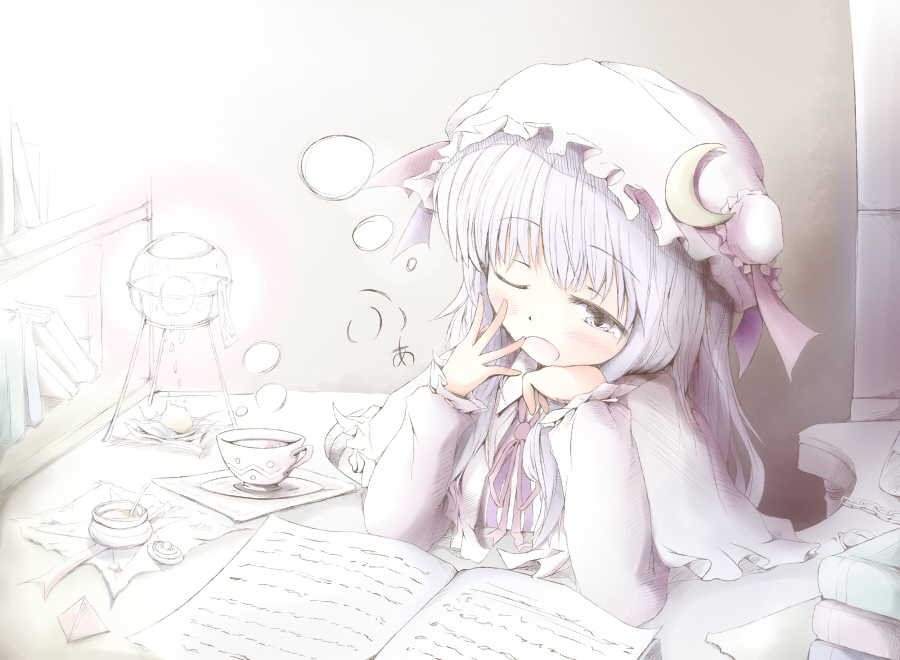 1girl book bookshelf chemistry_set crescent cup female_focus hat long_hair patchouli_knowledge purple_eyes purple_hair pyramid_(geometry) romi sleepy solo teacup touhou wink yawning