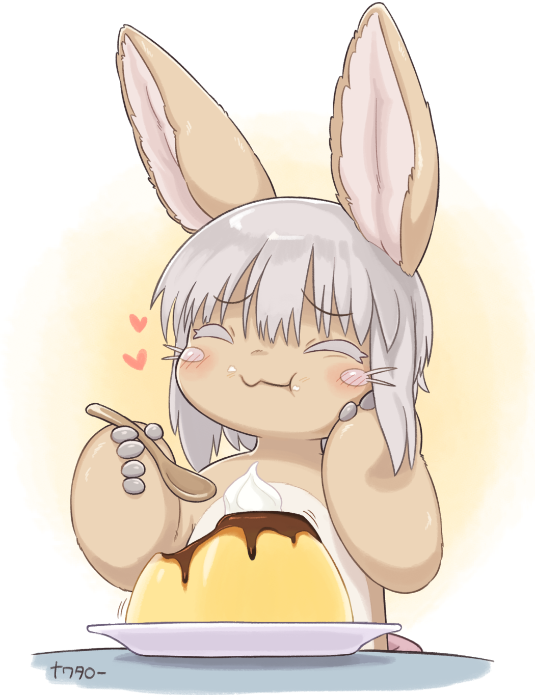 1other animal_ears blush body_fur brown_fur closed_eyes closed_mouth commentary eating english_commentary food food_on_face gomuhimo_(nawataro) grey_hair hair_between_eyes heart highres holding holding_spoon made_in_abyss medium_hair nanachi_(made_in_abyss) plate pudding simple_background solo spoon thick_arms upper_body white_background white_fur yellow_background