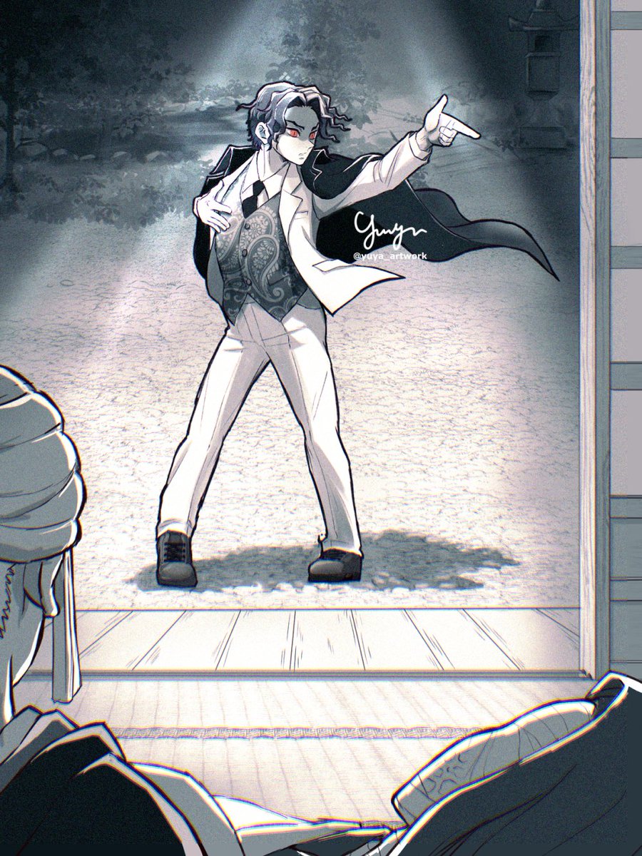 michael jackson hentai yuya-art, kibutsuji muzan, michael jackson, ubuyashiki amane, ubuyashiki  kagaya, kimetsu no yaiba, highres, 1girl, 2boys, black hair, dancing,  formal clothes, full body, long sleeves, looking ahead, male focus,  multiple boys, necktie, parody,