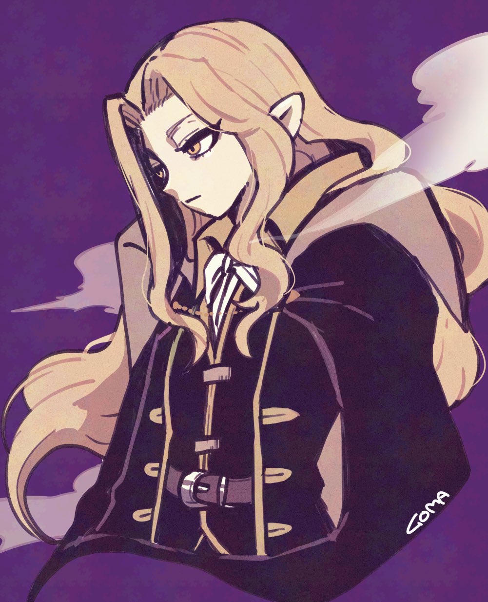 1boy alucard_(castlevania) artist_name black_coat blonde_hair castlevania_(series) closed_mouth coat cropped_torso gold_trim goma_yammy highres long_hair male_focus orange_eyes pale_skin parted_bangs pointy_ears purple_background shirt sketch solo teeth upper_teeth_only white_shirt