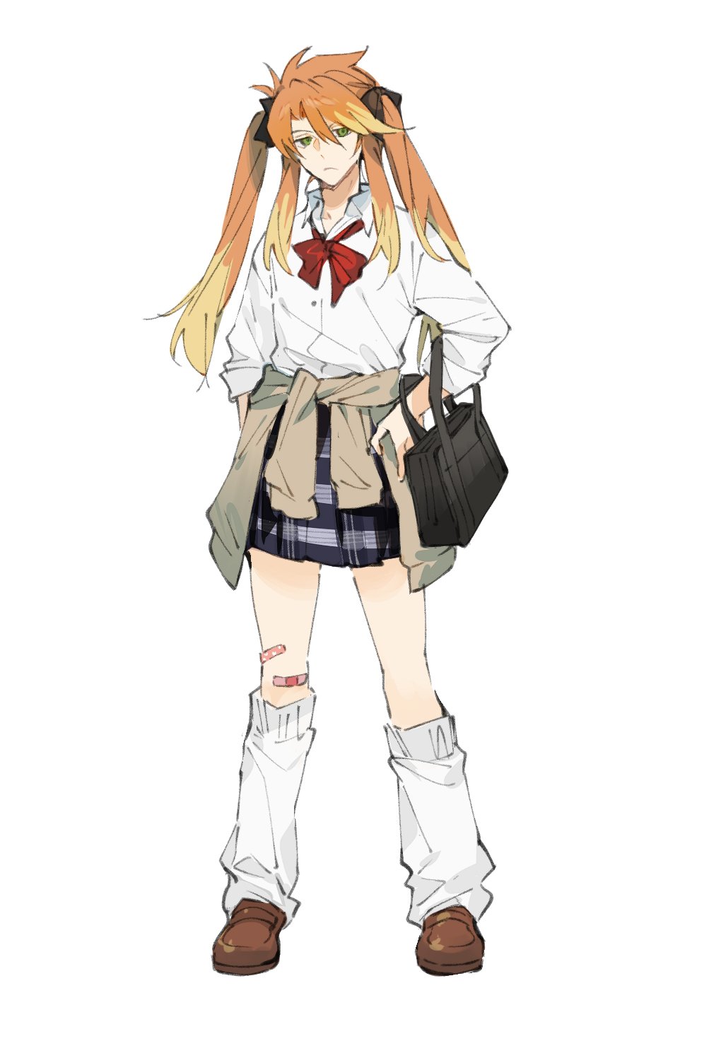 1boy bag bandaid bandaid_on_knee bandaid_on_leg black_ribbon blue_skirt bow brown_jacket brown_shoes clothes_around_waist collared_shirt crossdressing crossdressing_(mtf) frown full_body green_eyes hair_between_eyes hair_ribbon hand_on_own_hip highres jacket jacket_around_waist kneehighs loafers loose_socks luke_fon_fabre male_focus orange_hair plaid_clothes plaid_skirt pleated_skirt red_bow ribbon school_bag shirt shoes sidelocks simple_background skirt sleeves_rolled_up socks solo standing tales_of_(series) tales_of_the_abyss twintails white_background white_shirt white_socks xing_20