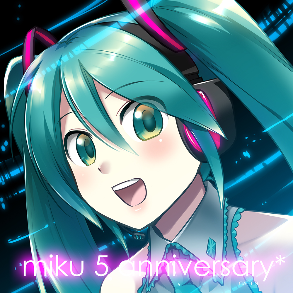 1girl caffein character_name female_focus green_eyes green_hair hatsune_miku headset looking_at_viewer matching_hair/eyes md5_mismatch necktie open_mouth portrait solo twintails vocaloid
