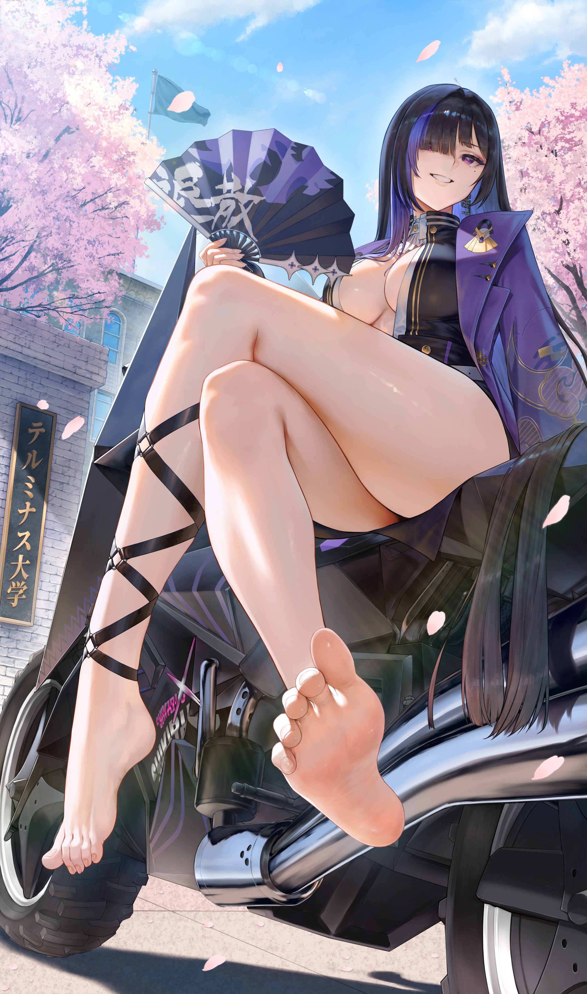 1girl absurdres barefoot black_hair breasts chasing_kaleidorider cherry_blossoms commentary_request crossed_legs day falling_petals feet flag folding_fan full_body hair_over_one_eye hand_fan highres holding holding_fan large_breasts long_hair looking_at_viewer mole mole_under_eye motor_vehicle motorcycle mugetsu2501 multicolored_hair murasaki_shikibu_(chasing_kaleidorider) one_eye_covered outdoors parted_lips petals purple_eyes purple_hair sitting soles solo thighs toes very_long_hair