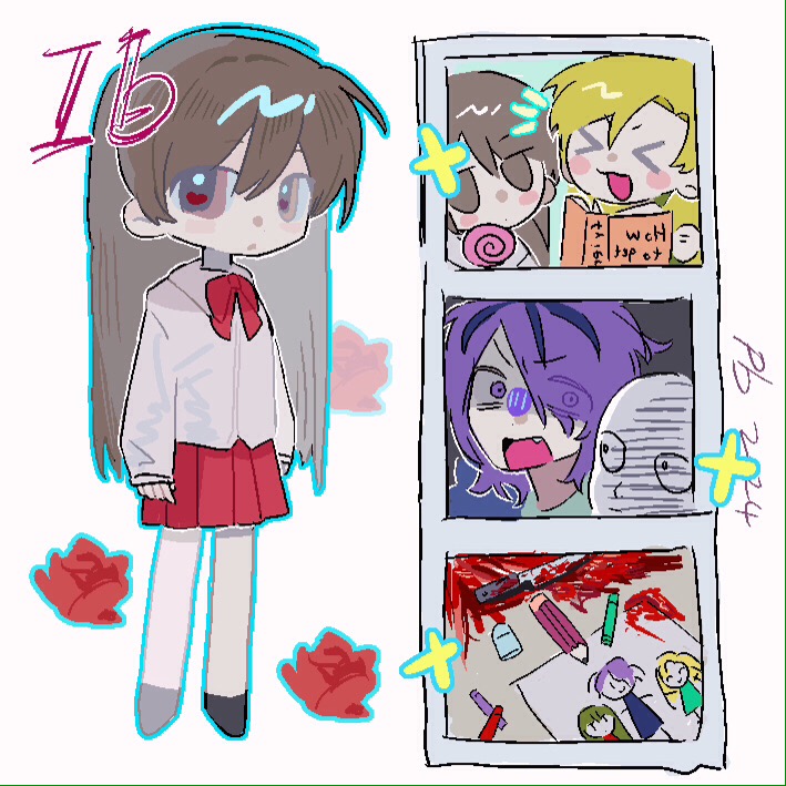 &gt;_&lt; 1boy 2girls air40175 black_shoes blonde_hair blood bloody_weapon blush_stickers book bow bowtie brown_eyes brown_hair character_name child&#039;s_drawing chinese_commentary closed_mouth commentary_request copyright_name crayon eraser expressionless eyes_visible_through_hair fang flower garry_(ib) hair_between_eyes hair_over_one_eye ib_(ib) ib_(kouri) jitome knife long_hair long_sleeves mary_(ib) miniskirt multiple_girls notice_lines open_mouth parted_lips pencil pleated_skirt purple_hair red_bow red_bowtie red_flower red_rose red_skirt rose shirt shoes skirt sleeves_past_wrists smile v-shaped_eyebrows weapon white_shirt