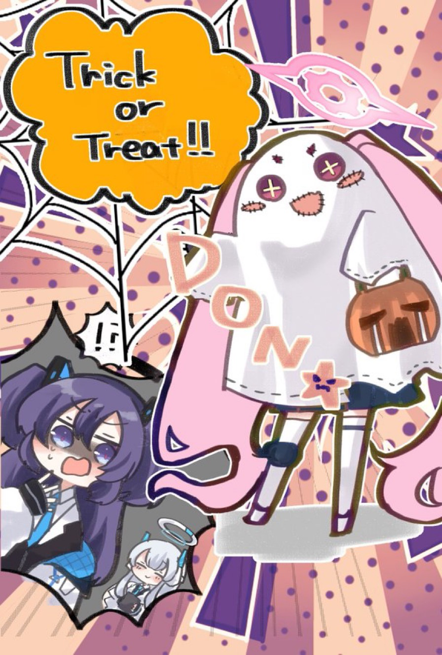 !? 3girls :d asymmetrical_legwear blue_archive blue_eyes blue_hair blush_stickers button_eyes buttons clipboard closed_eyes commentary_request crying dress_shirt emphasis_lines english_text hair_ornament halloween halloween_costume halo headset highres jacket knee_pads koyuki_(blue_archive) long_hair mechanical_halo multiple_girls natsu_ya_mugi necktie noa_(blue_archive) open_mouth padded_jacket pink_eyes pink_hair pink_halo pleated_skirt polka_dot polka_dot_background pumpkin red_pupils sheet_ghost shirt silk single_knee_pad skirt smile sound_effects speech_bubble spider_web spoken_interrobang star_(symbol) stitches surprised thighhighs triangle_hair_ornament trick_or_treat twintails two_side_up very_long_hair white_hair yuuka_(blue_archive)