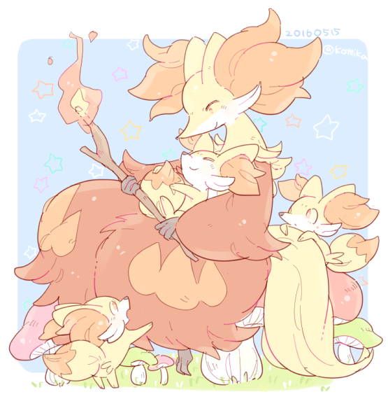 2016 animal_ear_fluff branch closed_eyes closed_mouth dated delphox evolutionary_line fennekin fire furry gen_6_pokemon grass holding holding_branch katiko multicolored_fur mushroom nintendo open_mouth orange_eyes orange_fur pokemon pokemon_(creature) red_fur sitting smile star_(symbol) twitter_username yellow_fur yellow_tail
