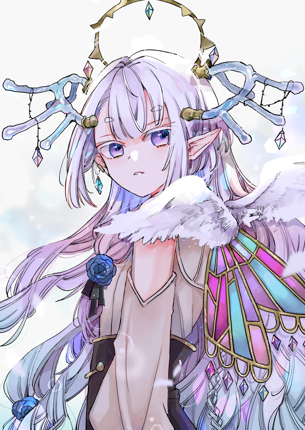 1girl black_shorts blue_flower blue_hair blue_rose brown_shoes feathered_wings flower from_side gradient_hair grey_hair hair_flower hair_ornament halo high-waist_shorts highres indie_virtual_youtuber long_hair long_sleeves looking_at_viewer looking_to_the_side mito_(go!go!king!) multicolored_hair parted_lips pointy_ears puffy_long_sleeves puffy_sleeves purple_eyes purple_hair ravula_fuju rose shoes shorts solo very_long_hair virtual_youtuber white_wings wings