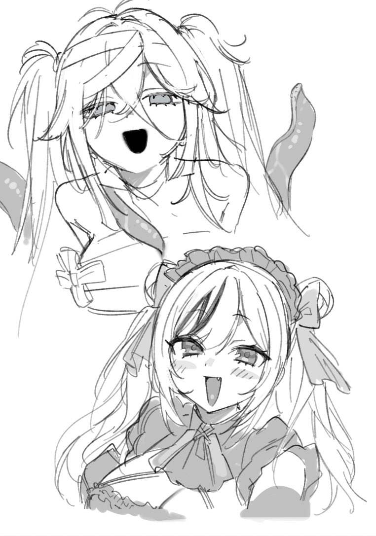 2girls azur_lane between_breasts blank_eyes breasts commentary_request cropped_torso elbe_(azur_lane) elbe_(time_to_show_off?)_(azur_lane) fancy_(azur_lane) fancy_(grave_of_your_liking)_(azur_lane) greyscale halloween_costume lia_(pzvs3887) long_bangs maid_headdress monochrome multicolored_hair multiple_girls mummy_costume official_alternate_costume open_mouth simple_background sketch smile streaked_hair tentacle_hair two_side_up white_background